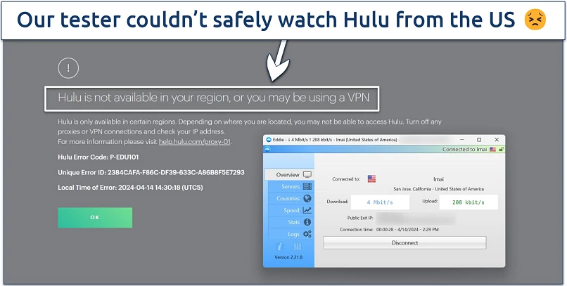 Screenshot of Hulu displaying an error message while we were connected to AirVPN's San Jose server 