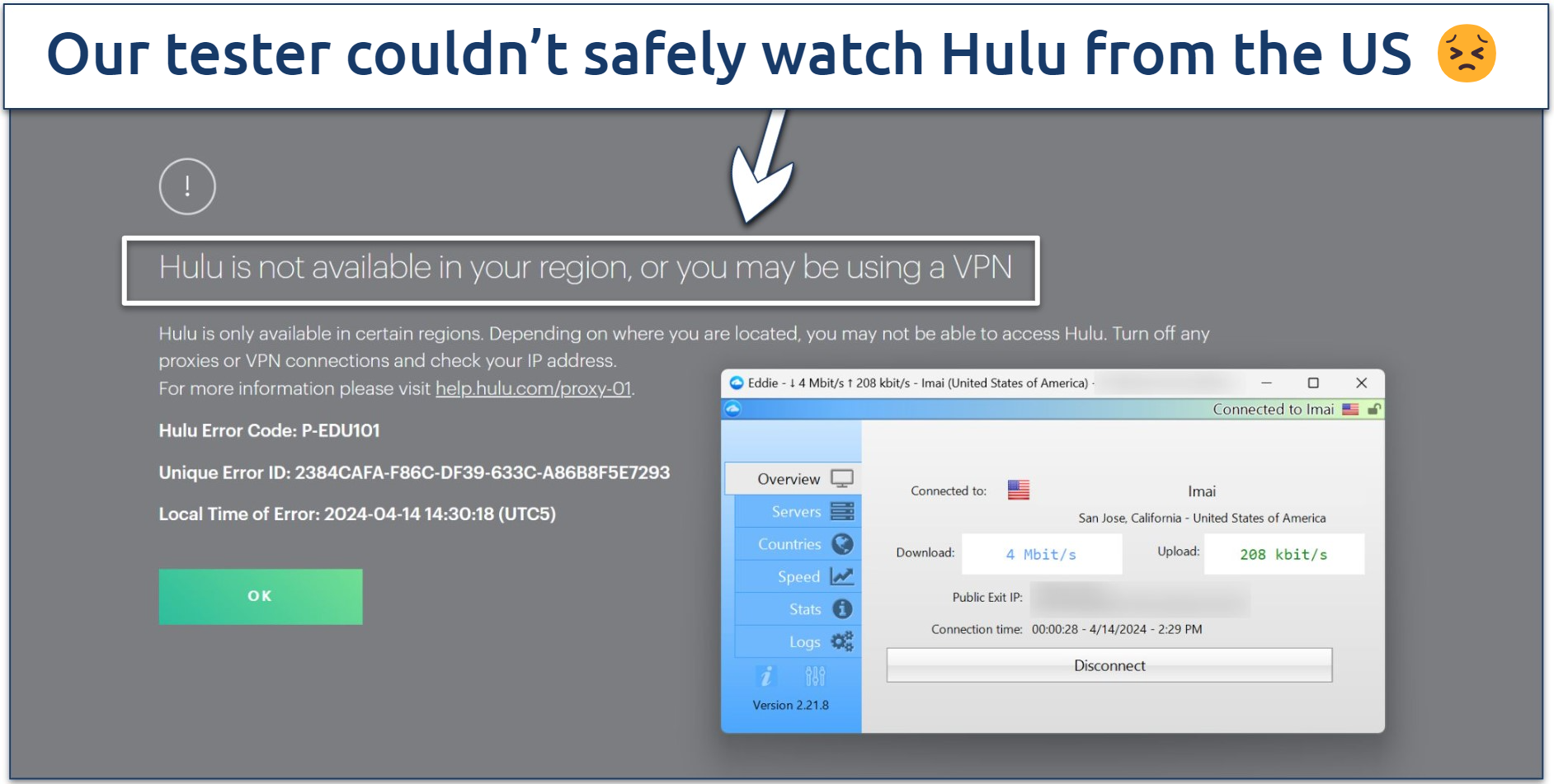Screenshot of Hulu displaying an error message while we were connected to AirVPN's San Jose server 