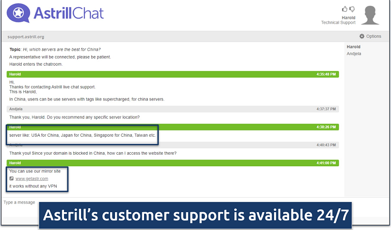 Screenshot of a conversation with Astrill live chat support regarding VPN use in China