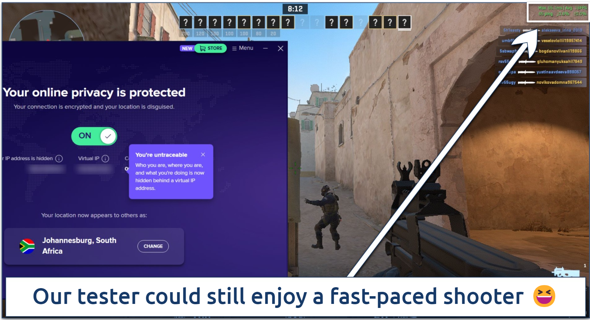Screenshot of Steam running Counter Strike 2 while connected to Avast SecureLine VPN's South Africa server