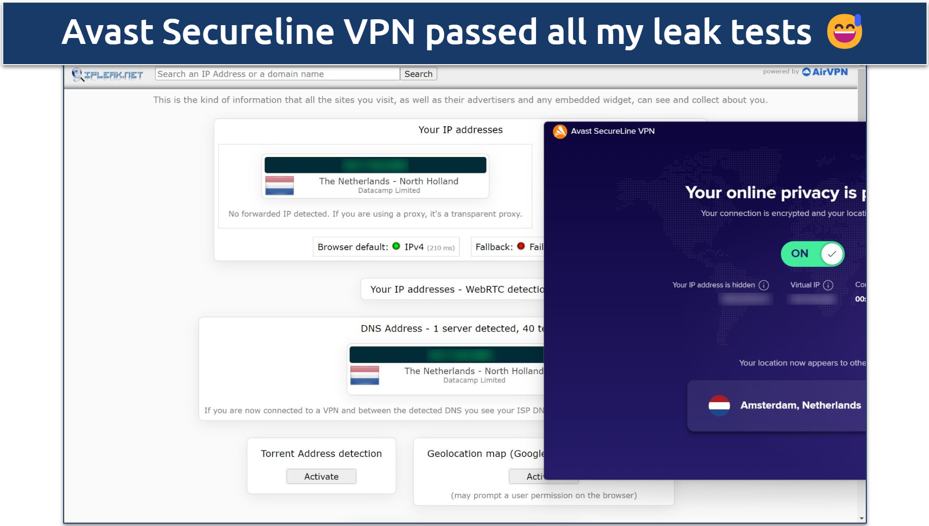 Screenshot of a leak test performed on ipleak.net while connected to Avast SecureLine VPN's Amsterdam server 
