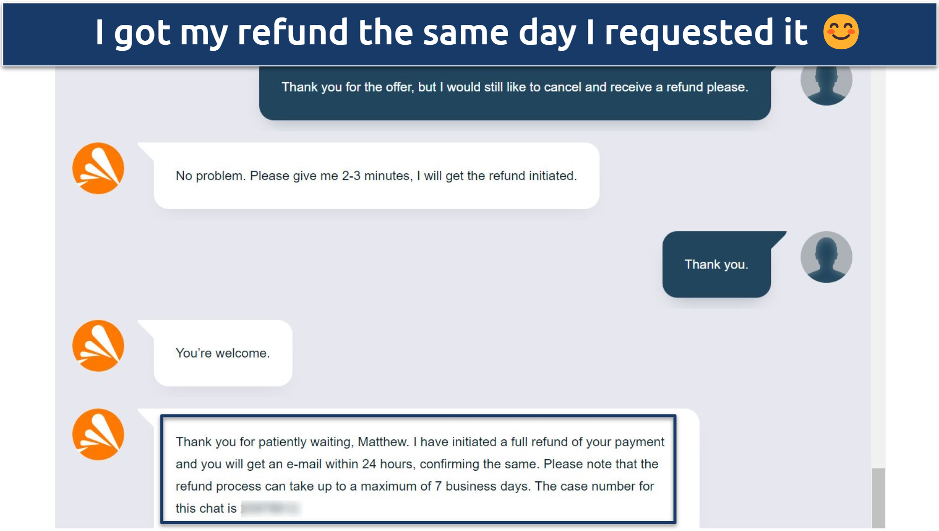 Screenshot of a live chat conversation with Avast SecureLine VPN's support staff where I was approved for a refund 