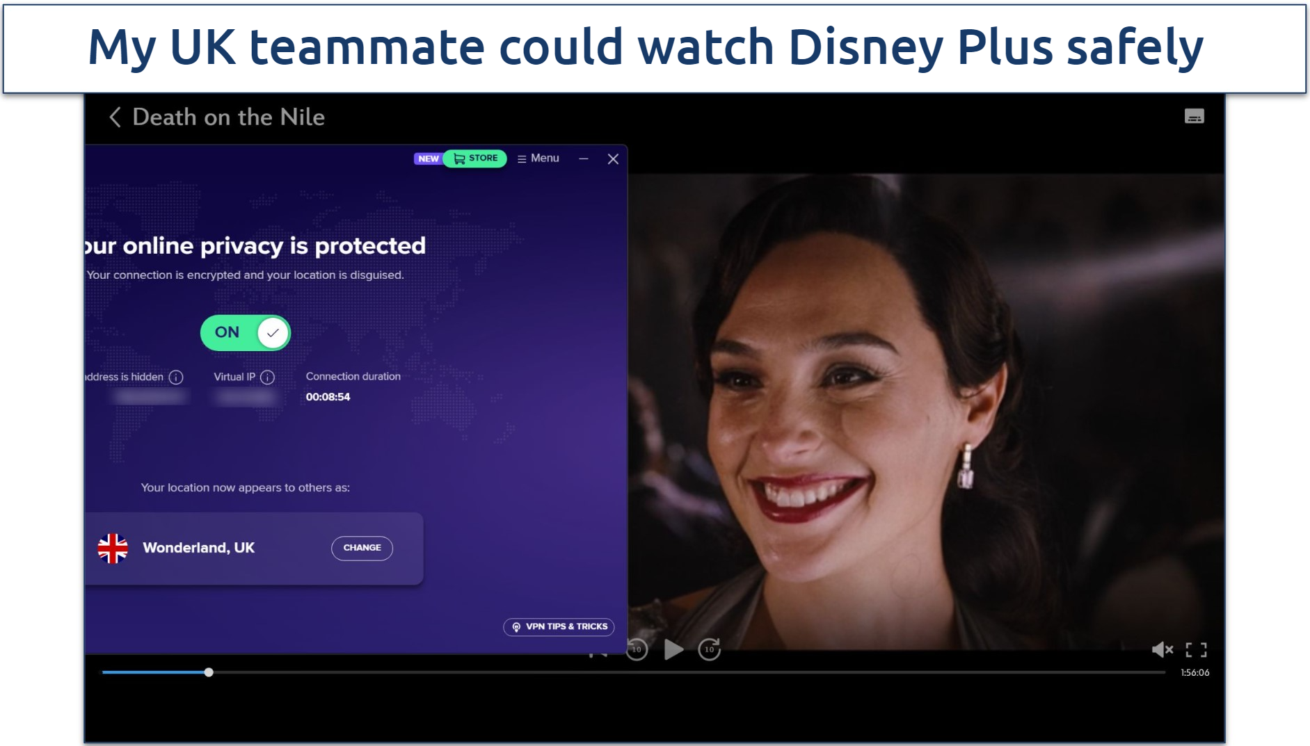 Screenshot of Disney+ player streaming Death on the Nile while connected to Avast SecureLine VPN's Wonderland, UK server