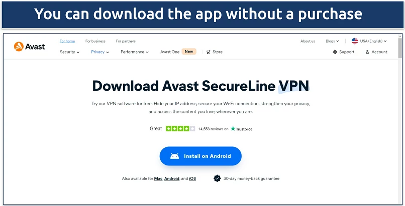 Screenshot of Avast SecureLine VPN's download page 