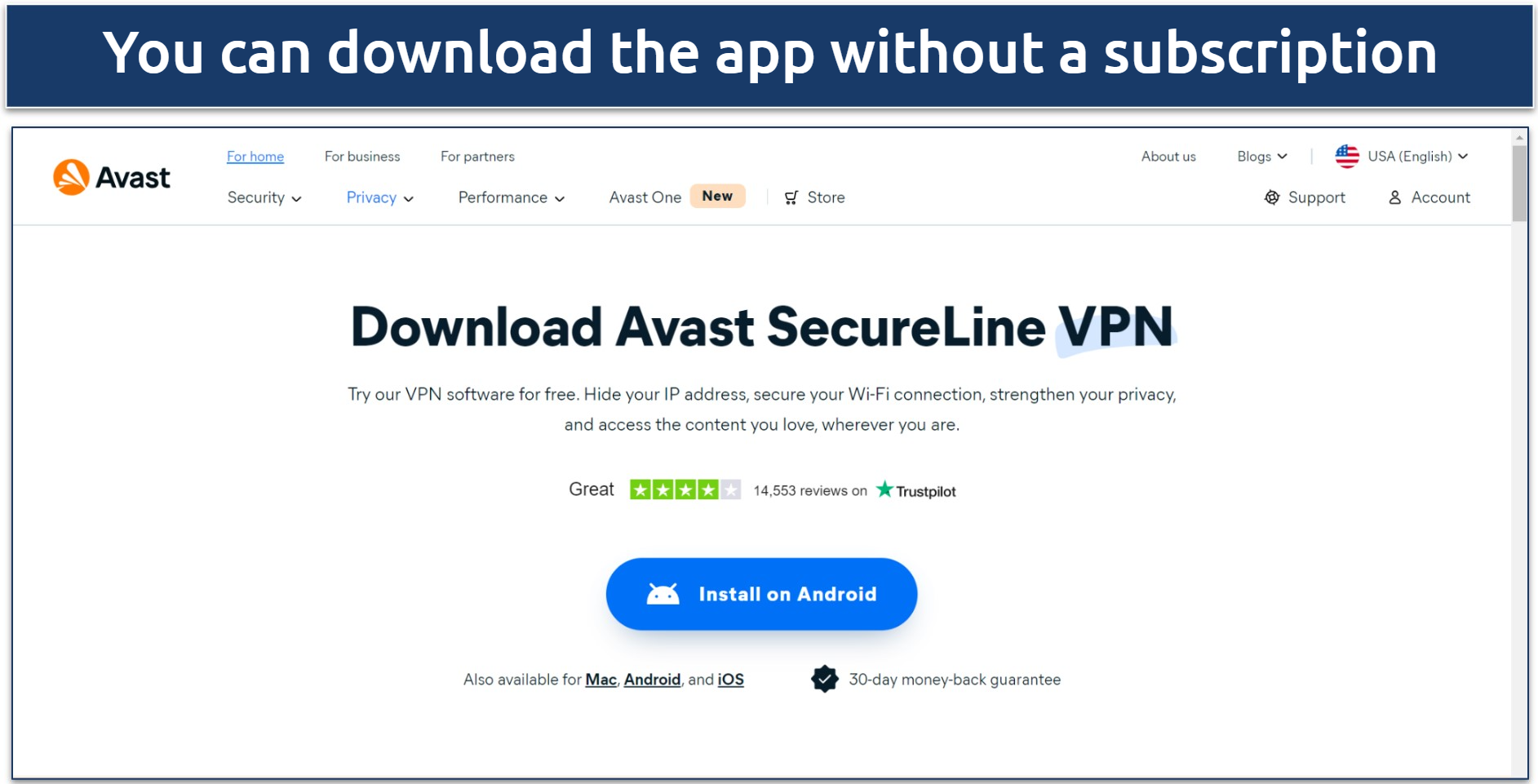 Screenshot of Avast SecureLine VPN's download page 