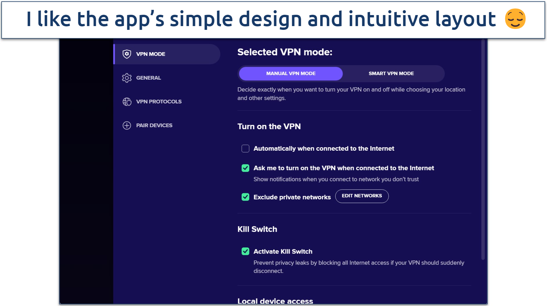Screenshot of Avast SecureLine VPN's Windows app highlighting the settings menu 
