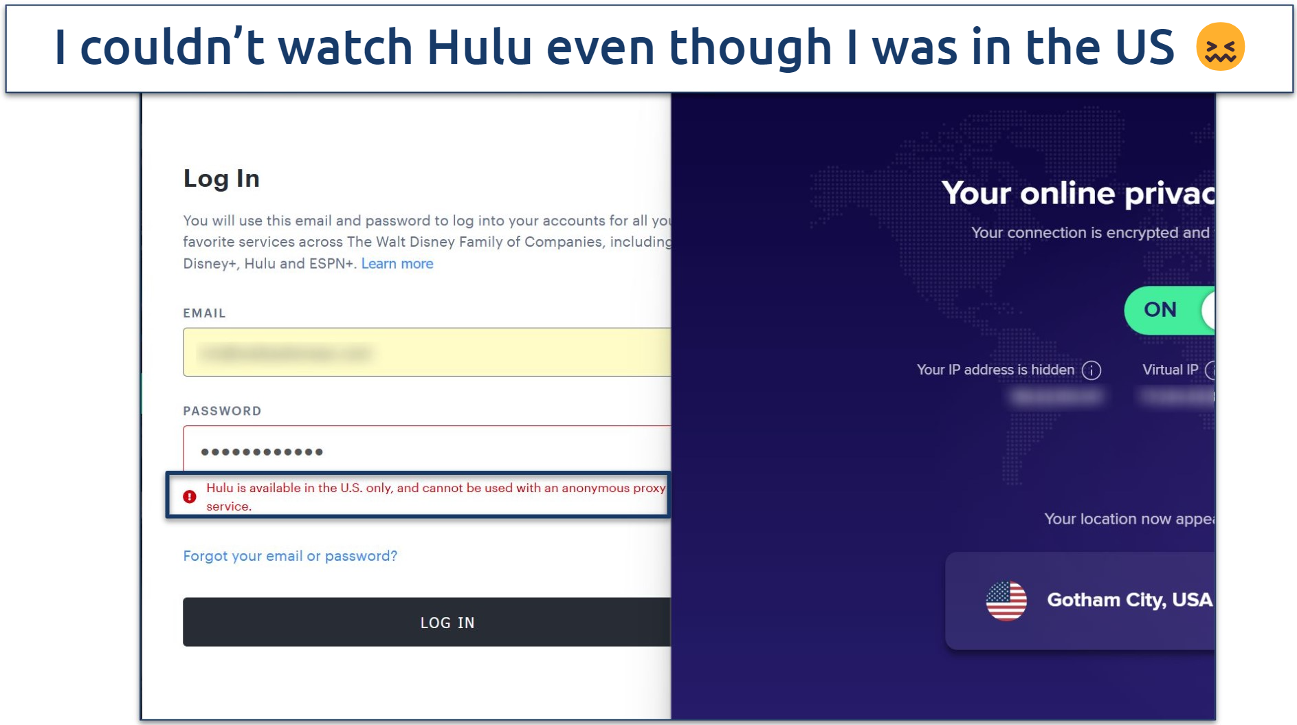 Screenshot of Hulu login page showing an error message while connected to Avast SecureLine VPN's Gotham City server 