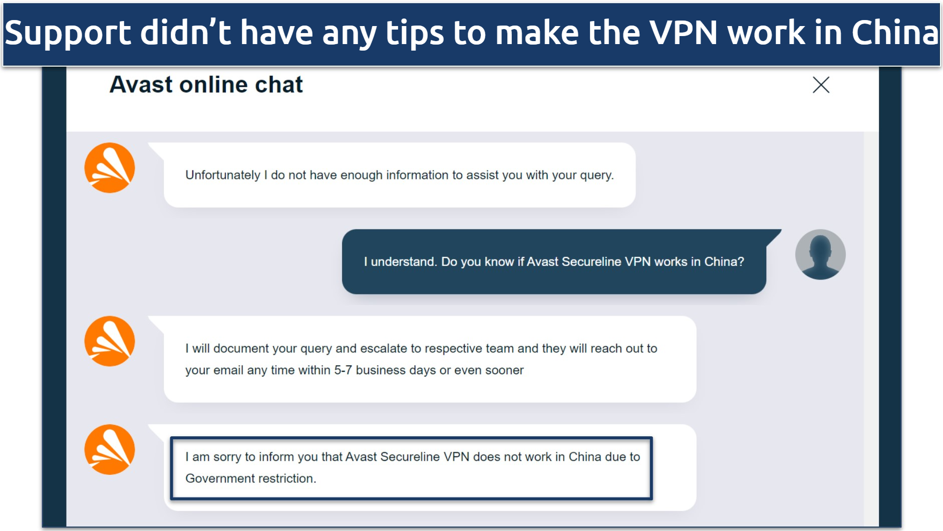 Screenshot of a conversation with Avast SecureLine VPN's live chat where they state it does not work in China 