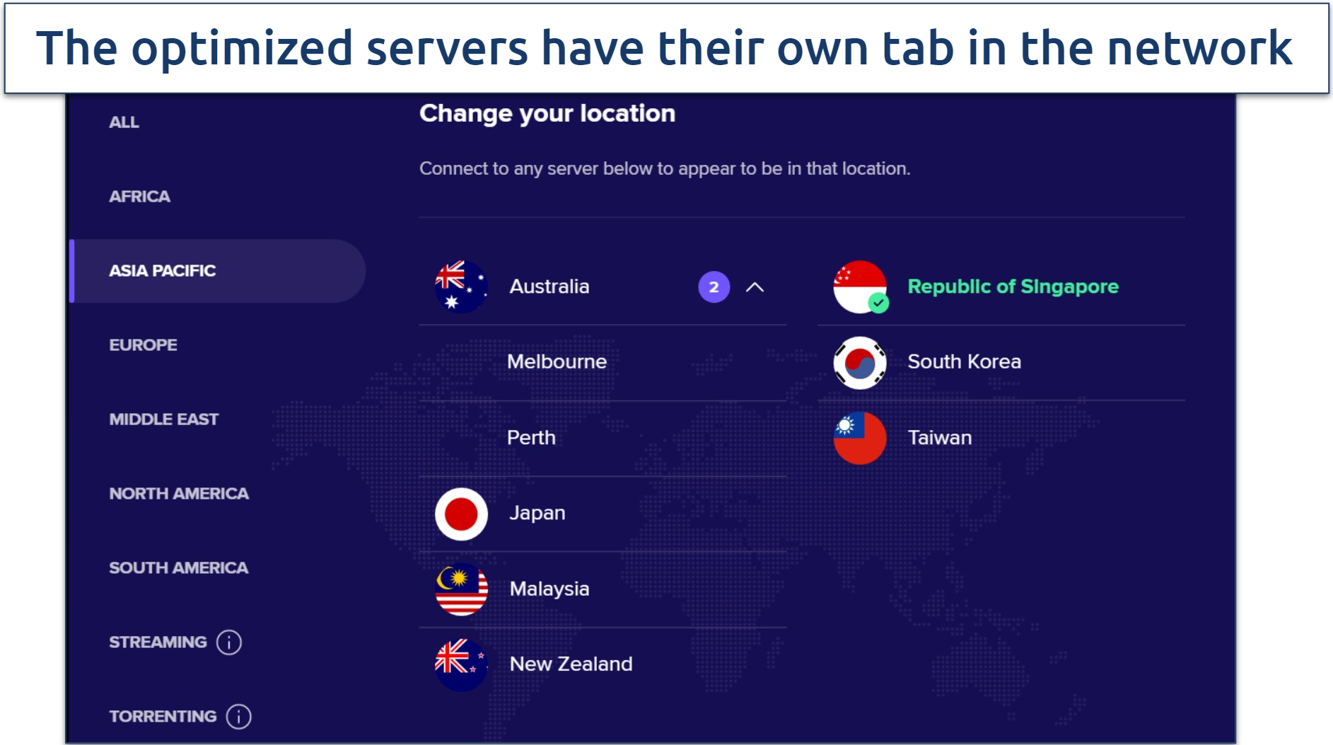 Screenshot of Avast Secureline's Windows app highlighting the server list 