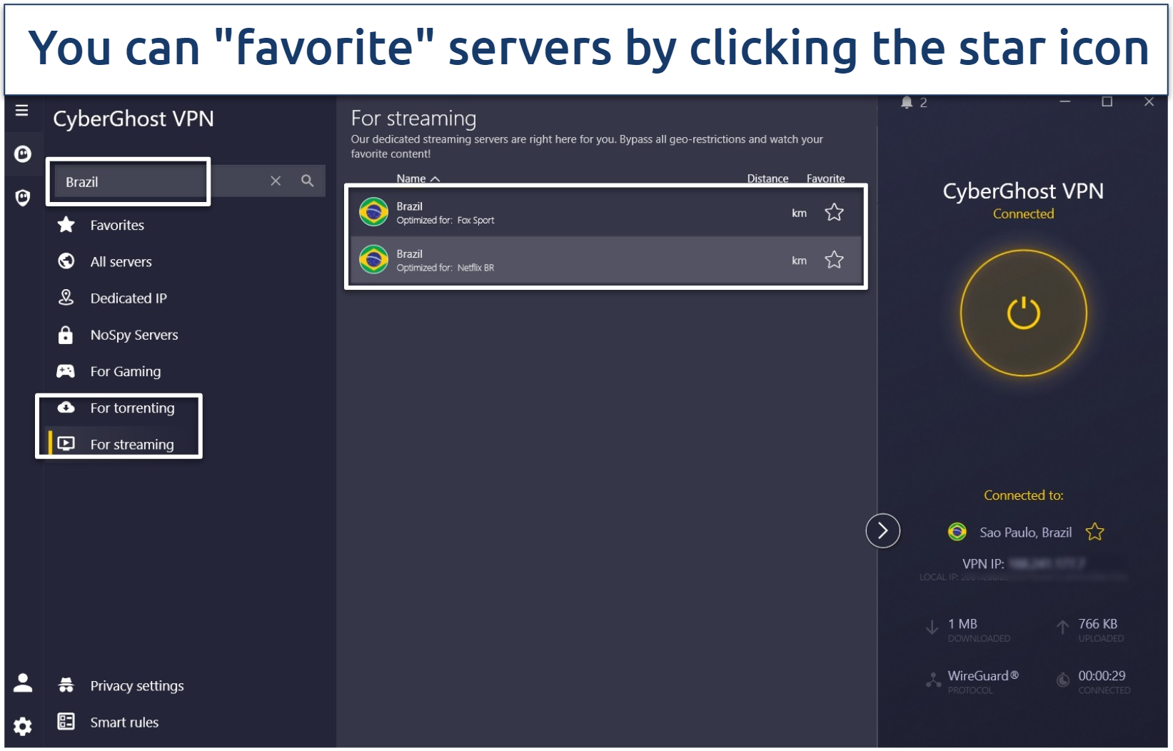 A screenshot of CyberGhost's Windows app with its Brazil streaming servers.