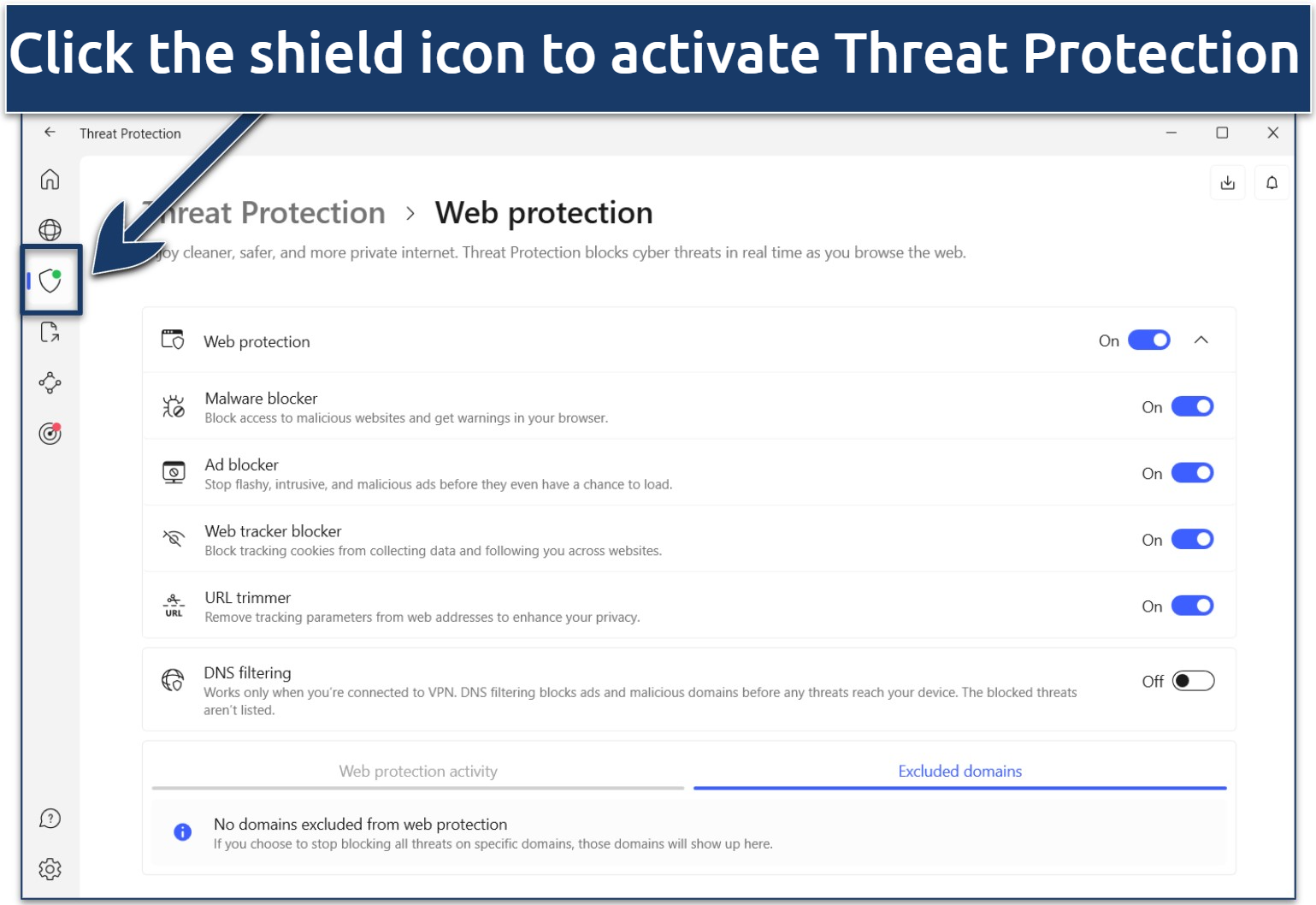A screenshot of NordVPN's web protection settings.