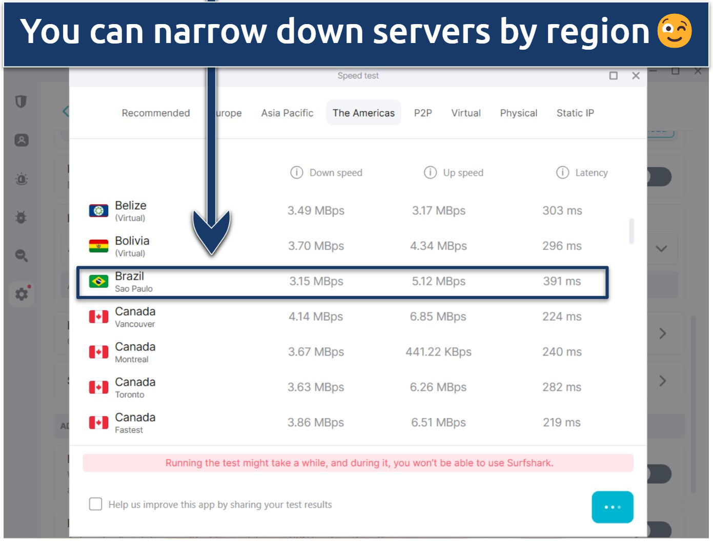 A screenshot of the speed test results for Surfshark's servers in the Americas.
