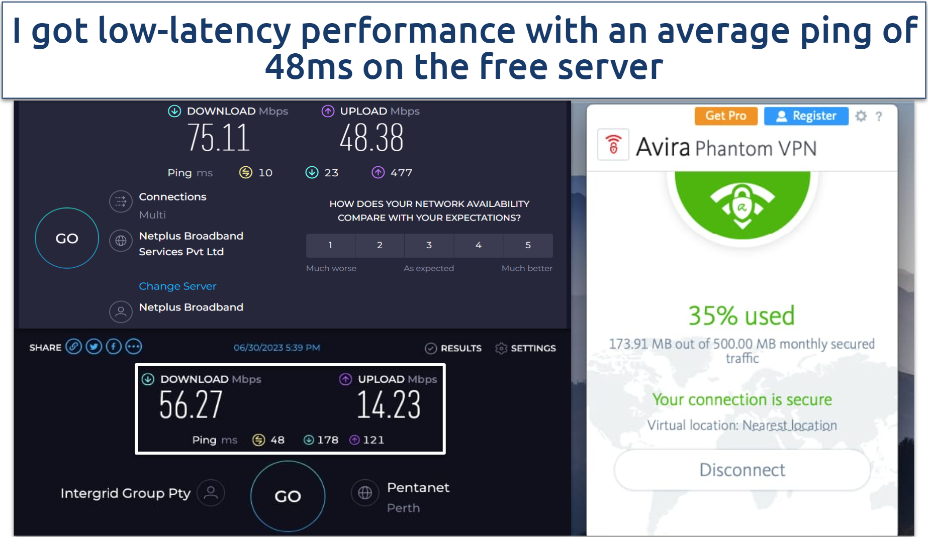 Screenshot of Avira Phantom VPN's speed tests