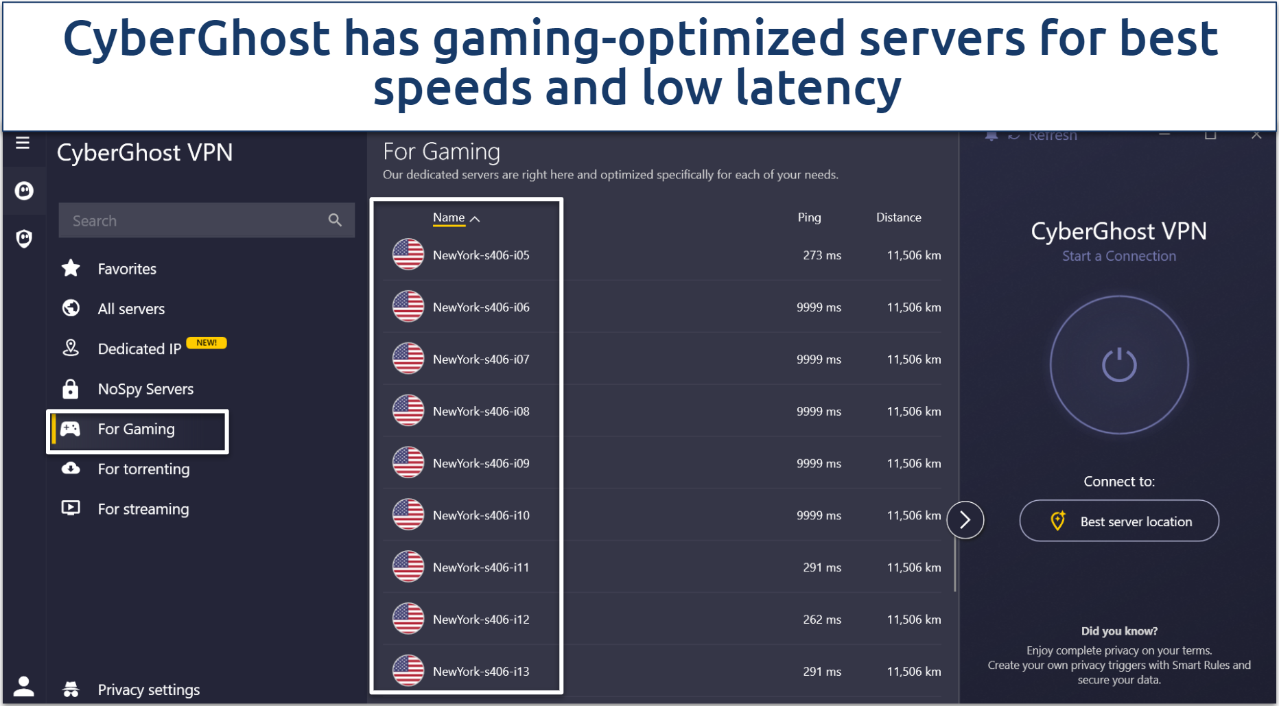 Screenshot of CyberGhost's gaming servers