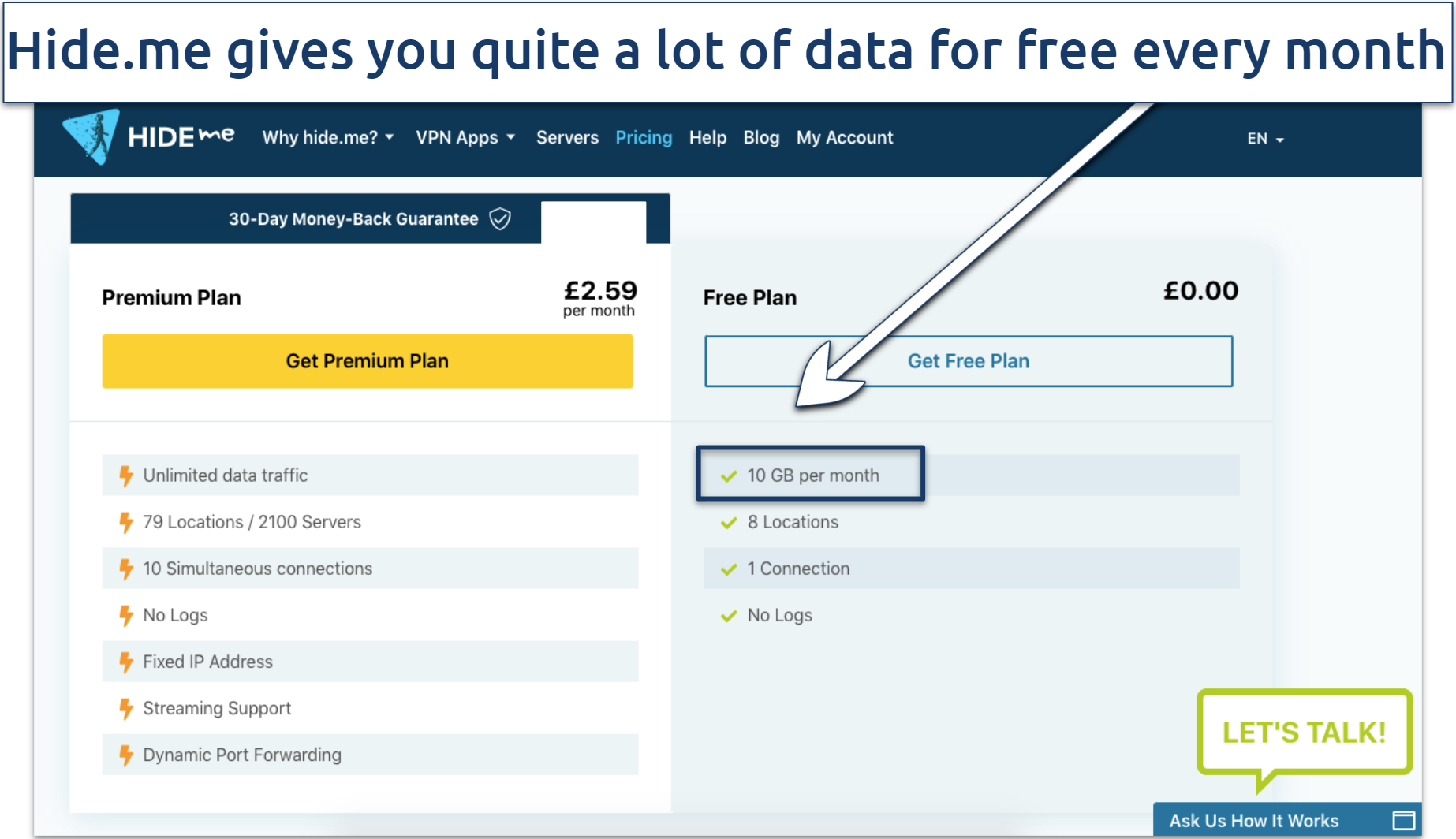 Screenshot of the hide.me VPN plans, including the free plan with 10GB of data highlighted