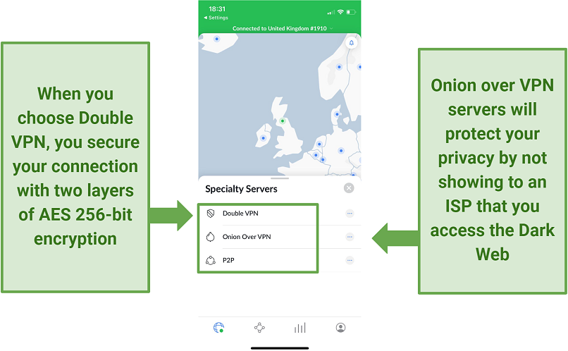 A screenshot of the NordVPN iOS app specialty servers