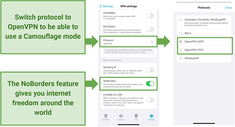 A screenshot of the Surfshark iOS app security settings