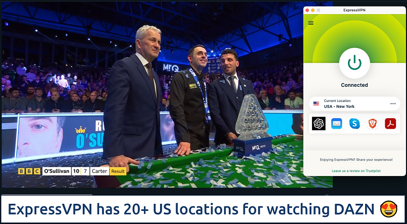 Screenshot of the ExpressVPN app connected to a US - New York server while streaming snooker on DAZN