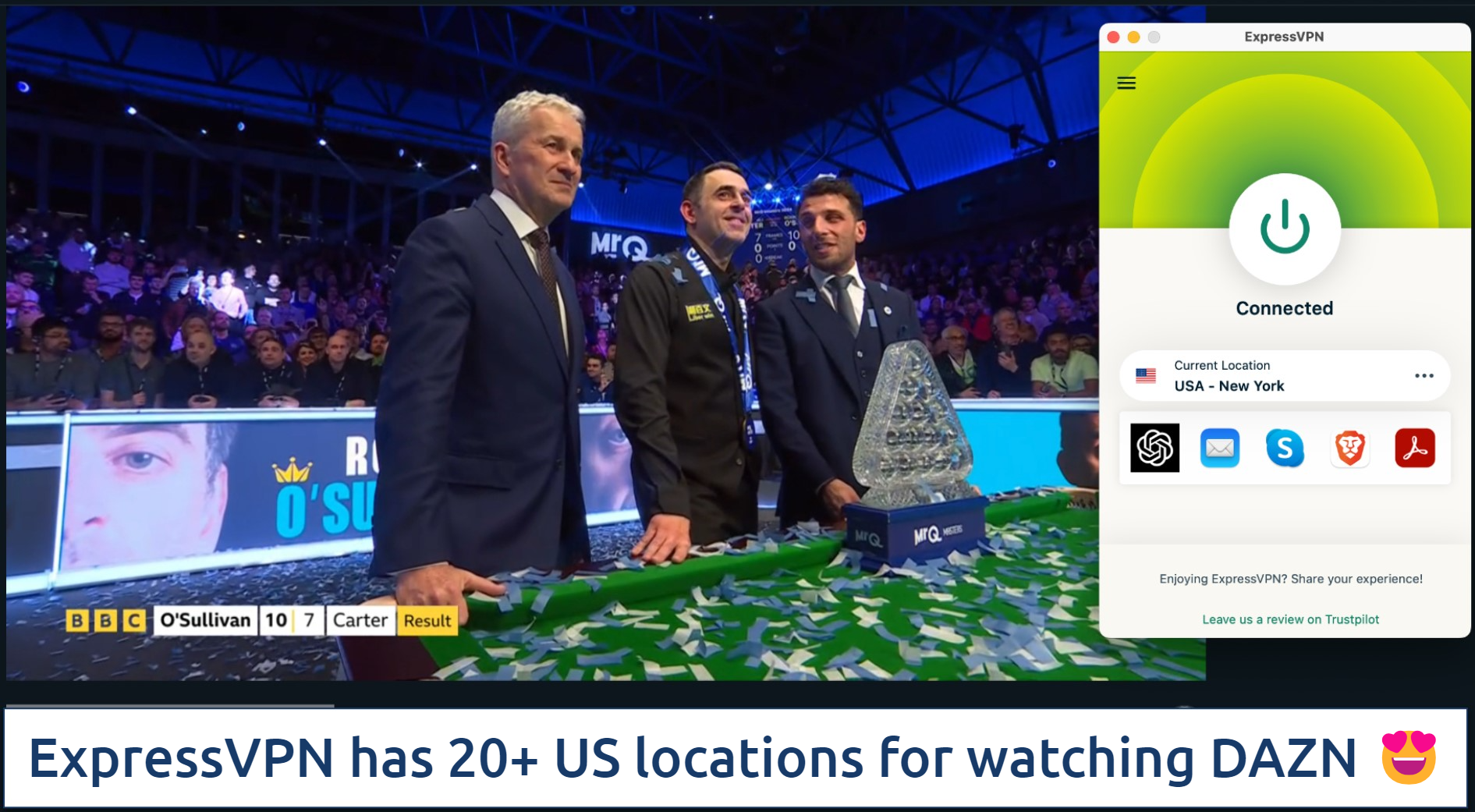 Screenshot of the ExpressVPN app connected to a US - New York server while streaming snooker on DAZN