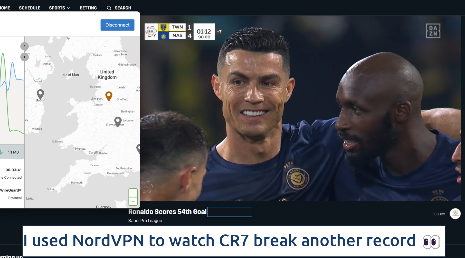Screenshot of NordVPN connected to a UK server while streaming a Saudi Pro League soccer game with Cristiano Ronaldo on DAZN