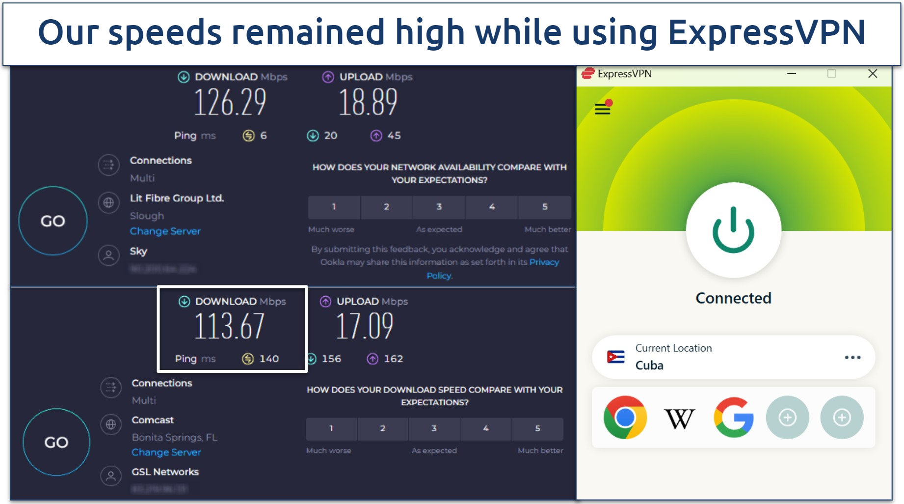 An image showing ExpressVPN's speed test results from the UK to a virtual server for Cuba in the US