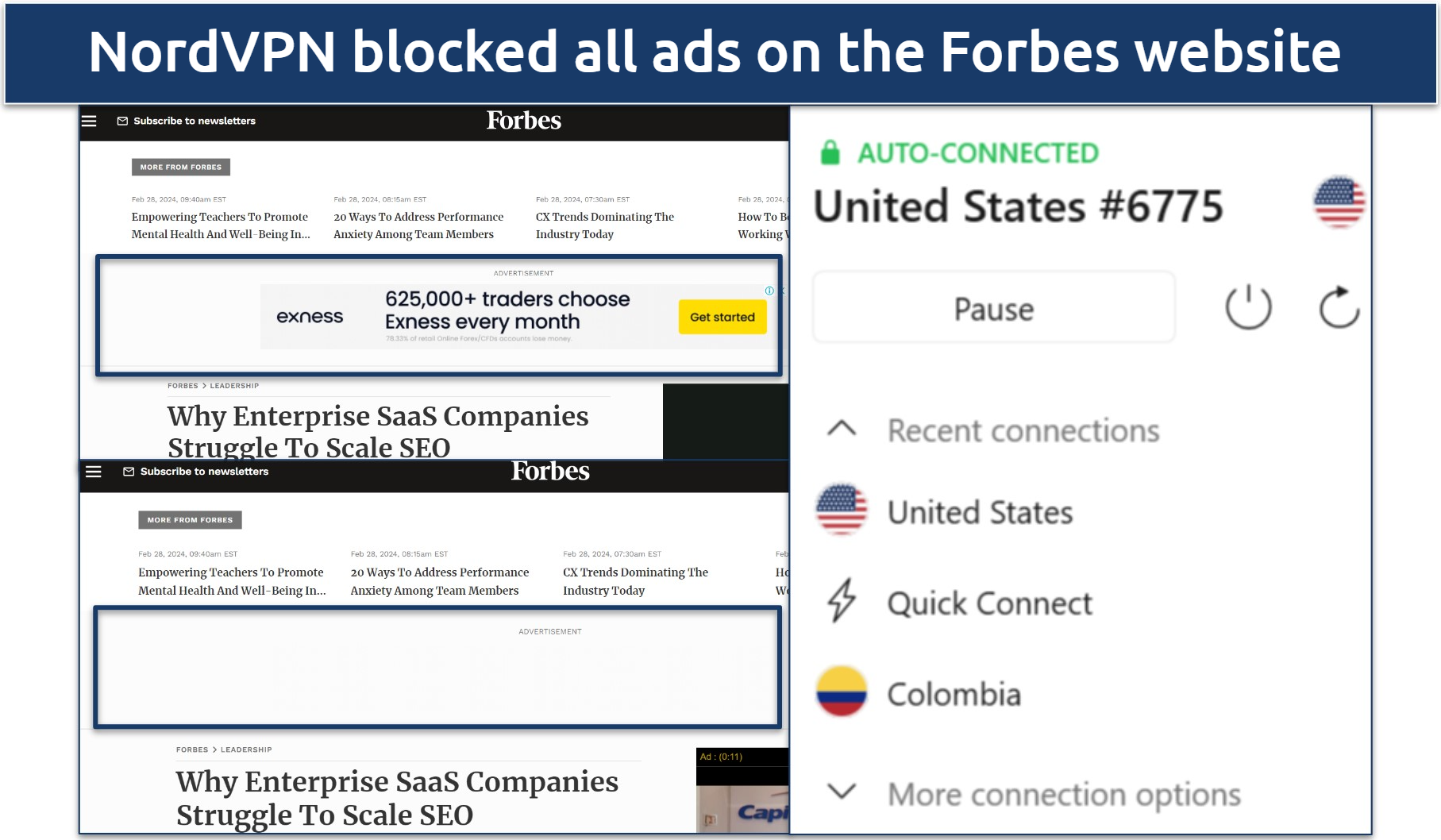 A screenshot of NordVPN blocking all ads on the Forbes website