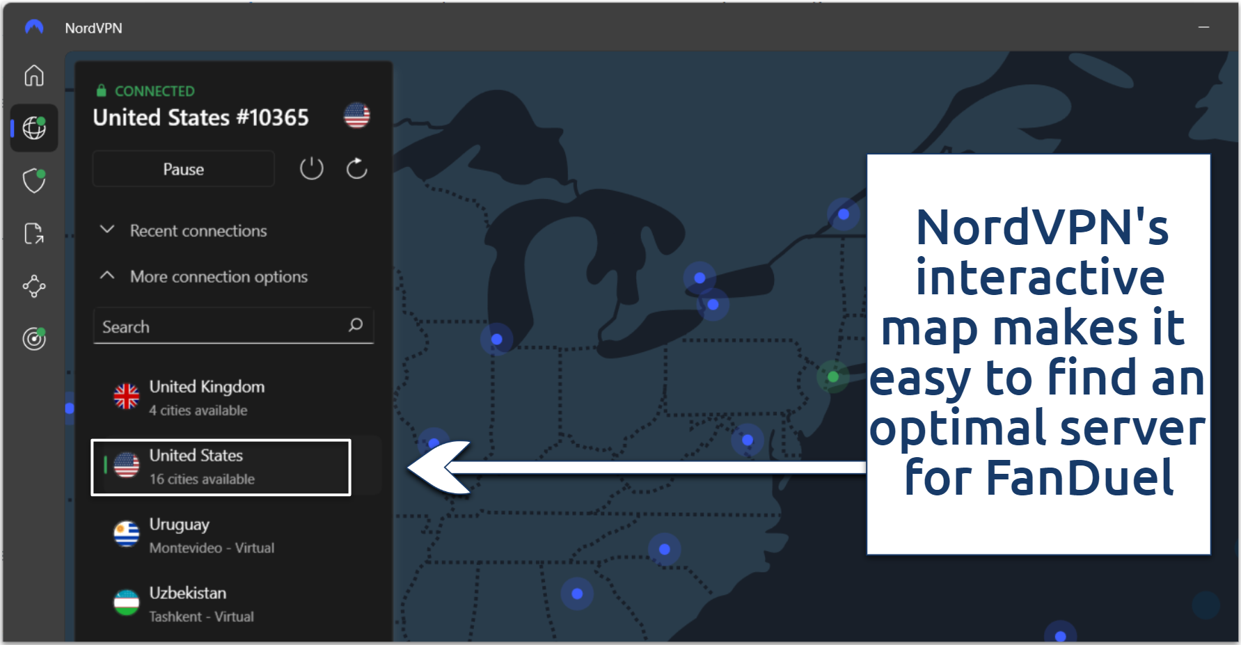Screenshot of NordVPN UI when connected to a US server