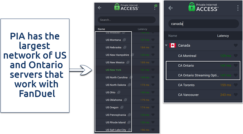 Screenshots of PIA's US and Ontario servers