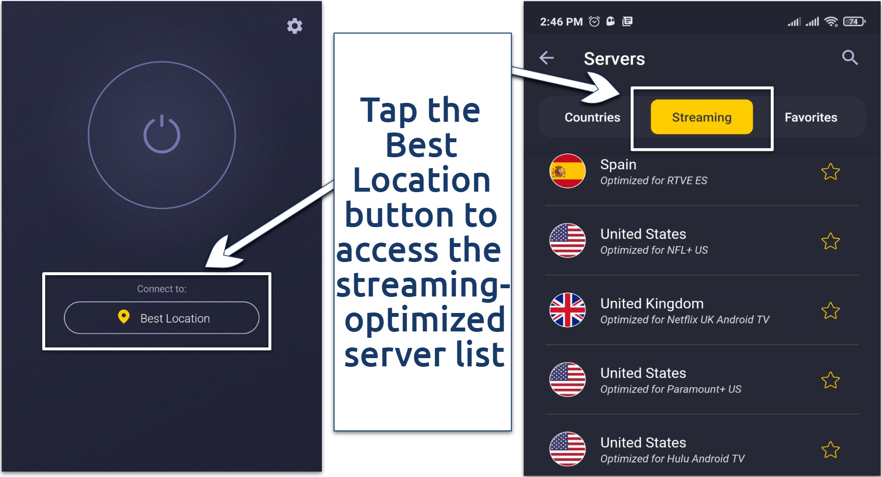 Screenshots of the CyberGhost app showing streaming-optimized servers