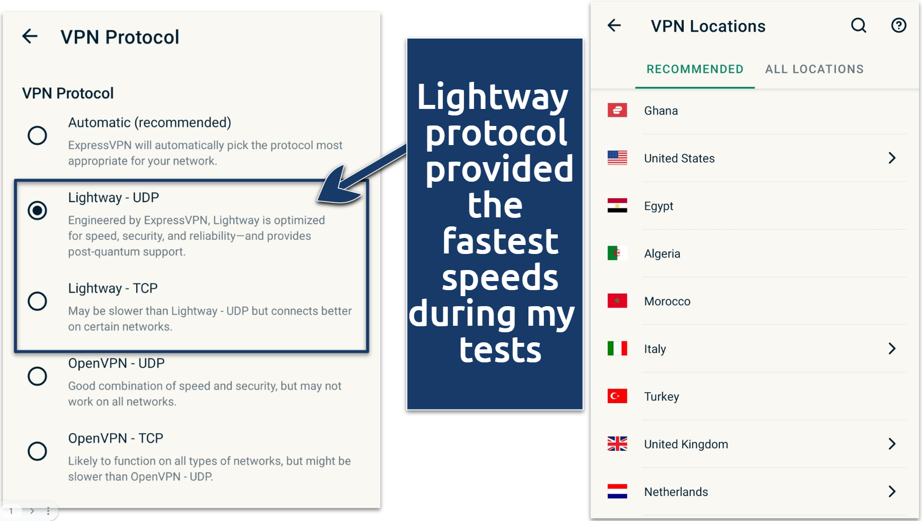 Screenshot of ExpressVPN protocols and server list on the Android phone app