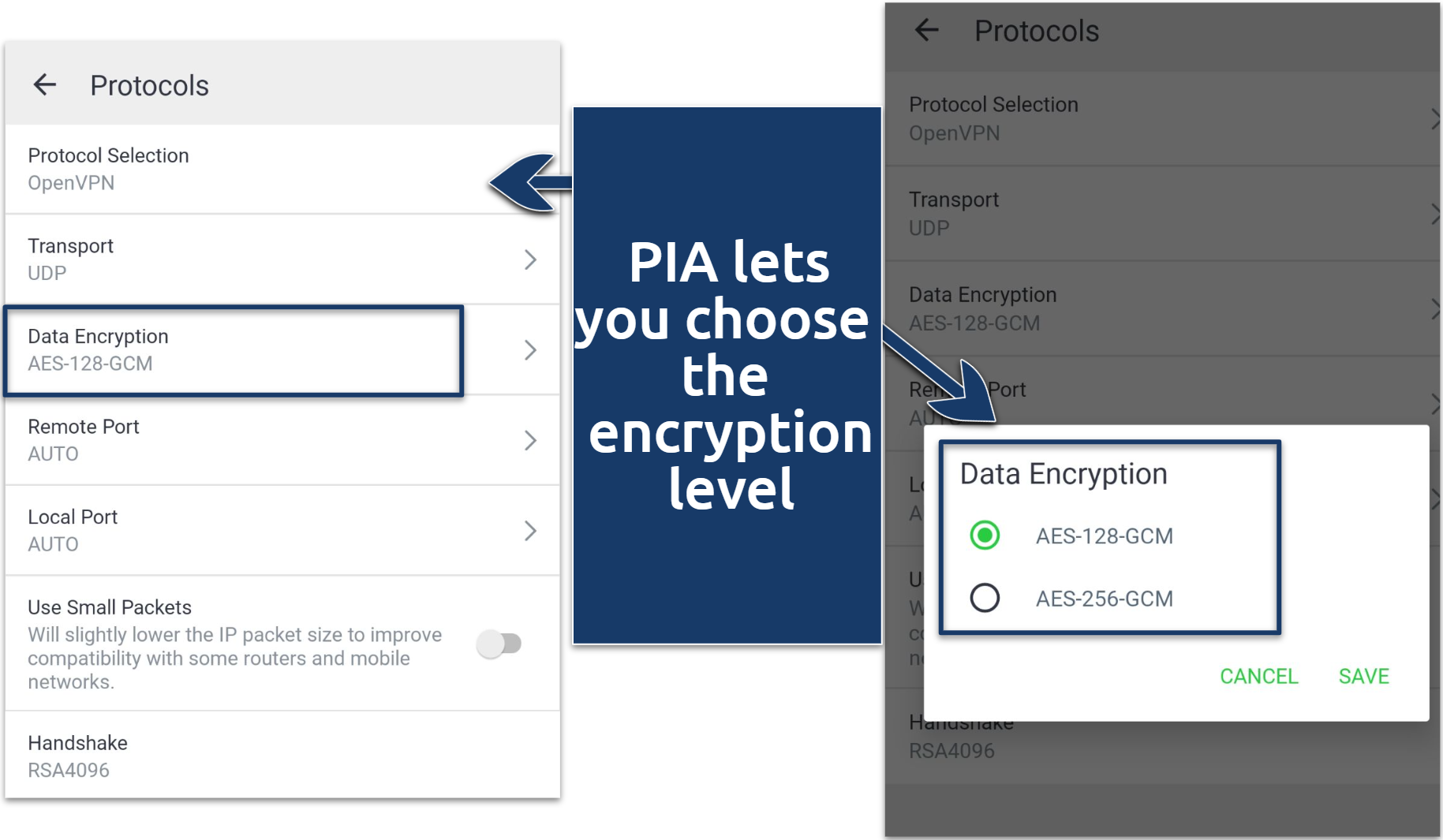 Screenshots of the PIA app showing security settings