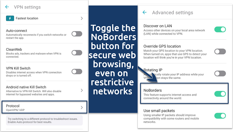 Screenshots of the Surfshark phone app showing how to turn on the NoBorders feature