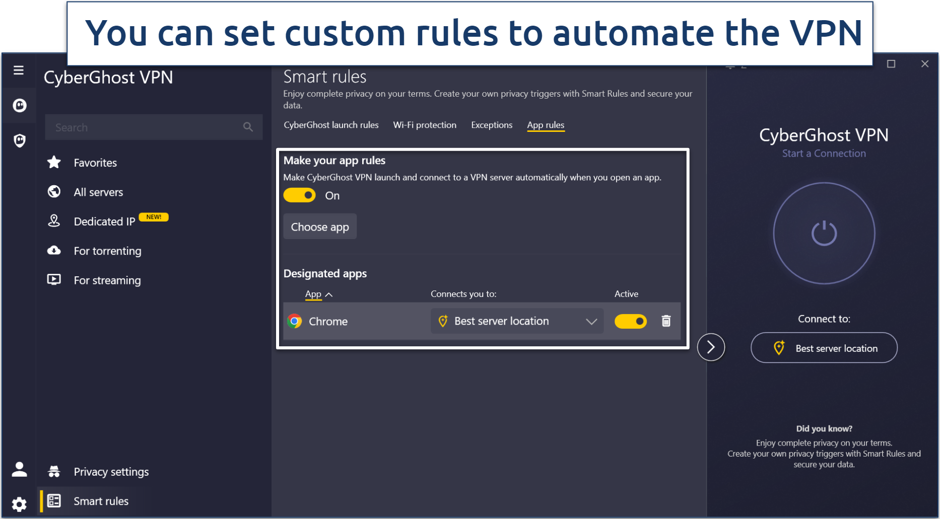 Screenshot of CyberGhost's Smart rules settings