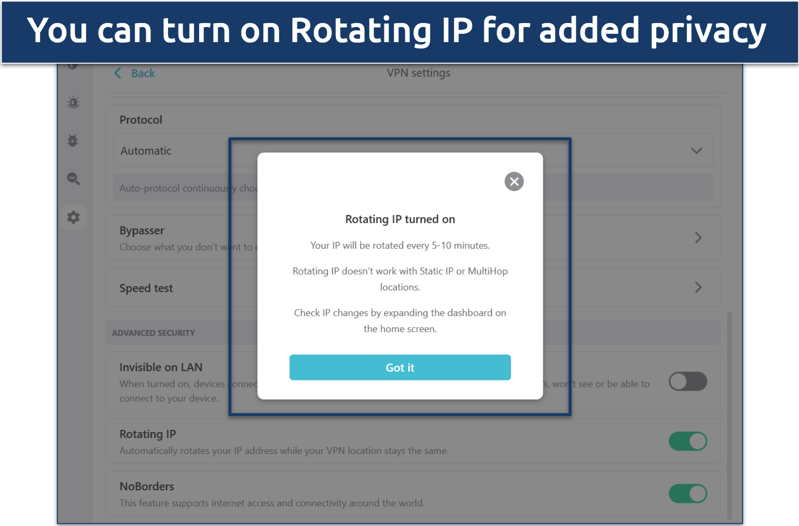 Screenshot of Surfshark's Rotating IP settings
