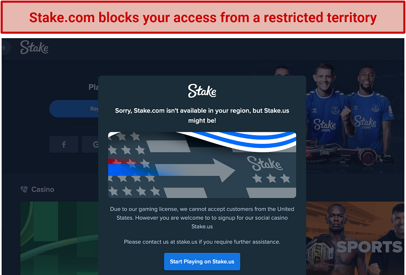 Screenshot of Stake.com inaccessible in the US