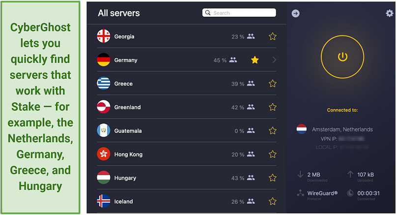 A screenshot of the CyberGhost server list