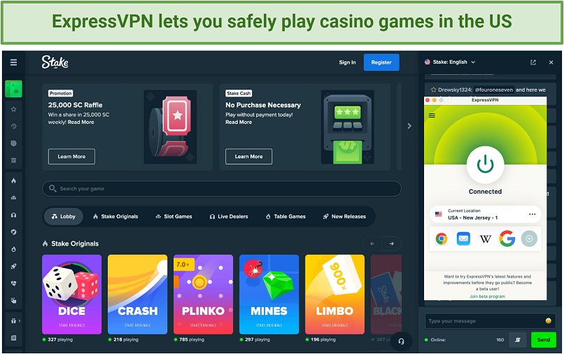 Screenshot of safely playing casino games on Stake.us with ExpressVPN