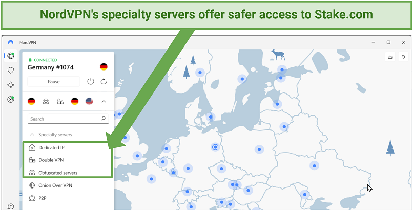 Screenshot of NordVPN obfuscated and Double VPN servers