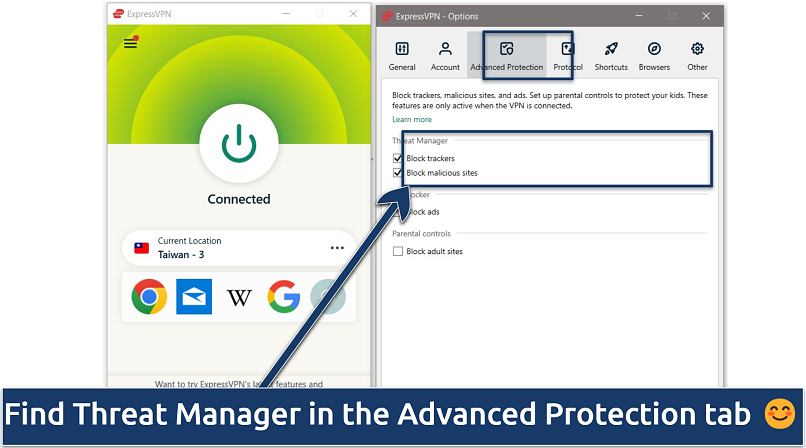 Screenshot of ExpressVPN’s settings showing advanced protection settings, with ExpressVPN connected to Taiwan