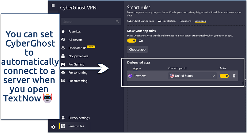 Screenshots of CyberGhost's Smart Rules user-interface