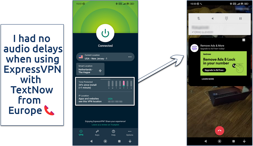 Screenshots of ExpressVPN and TextNow user-interfaces