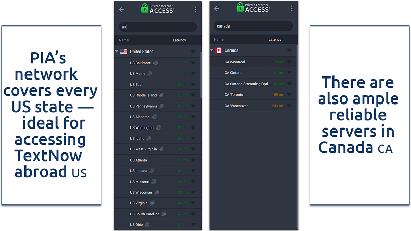 Screenshots of PIA's large US and Canada server network