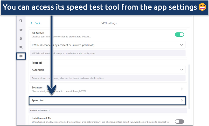Screenshot showing how to access Surfshark’s speed test tool