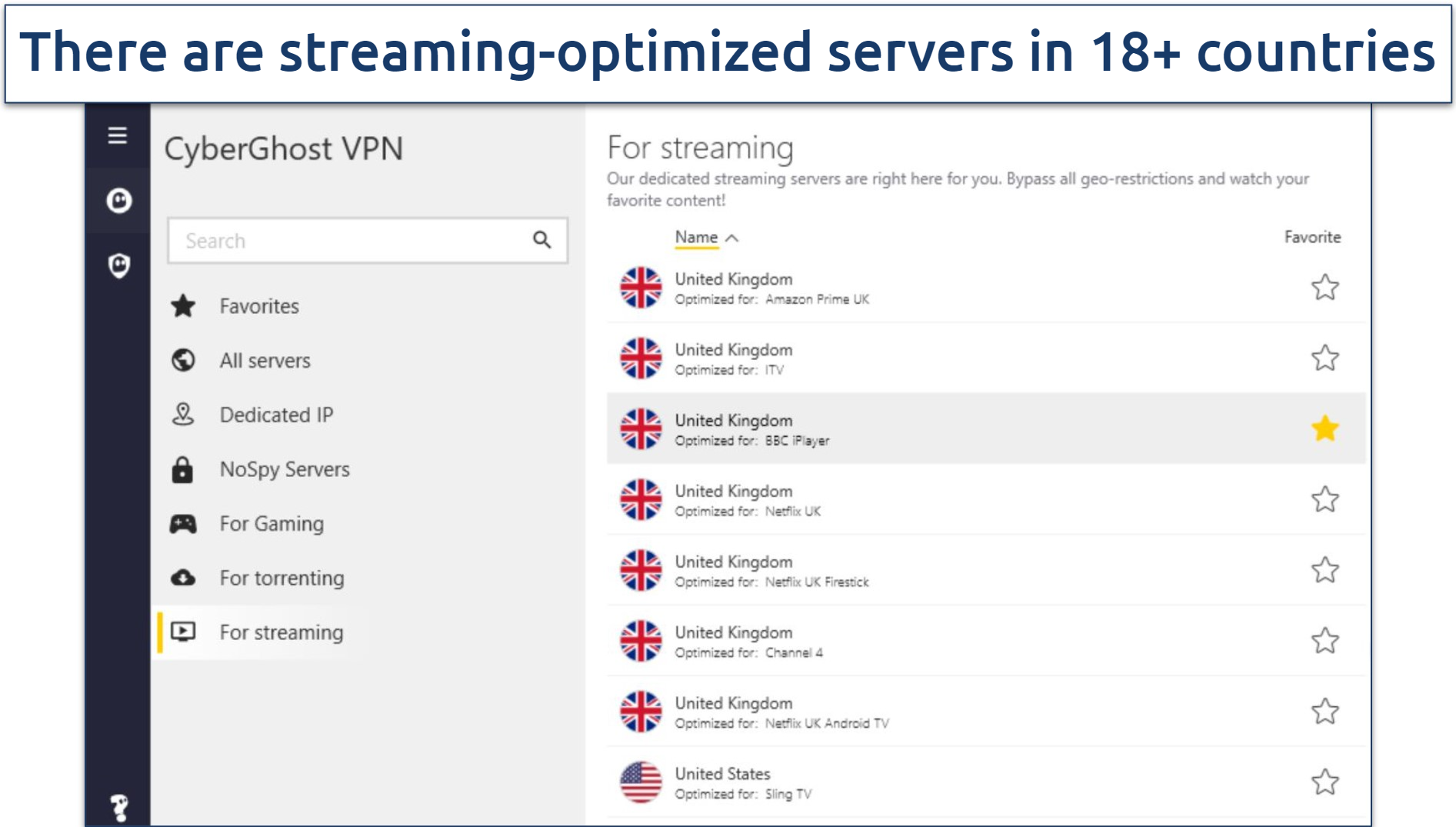 Screenshot of CyberGhost's Windows app showing the streaming optimized servers