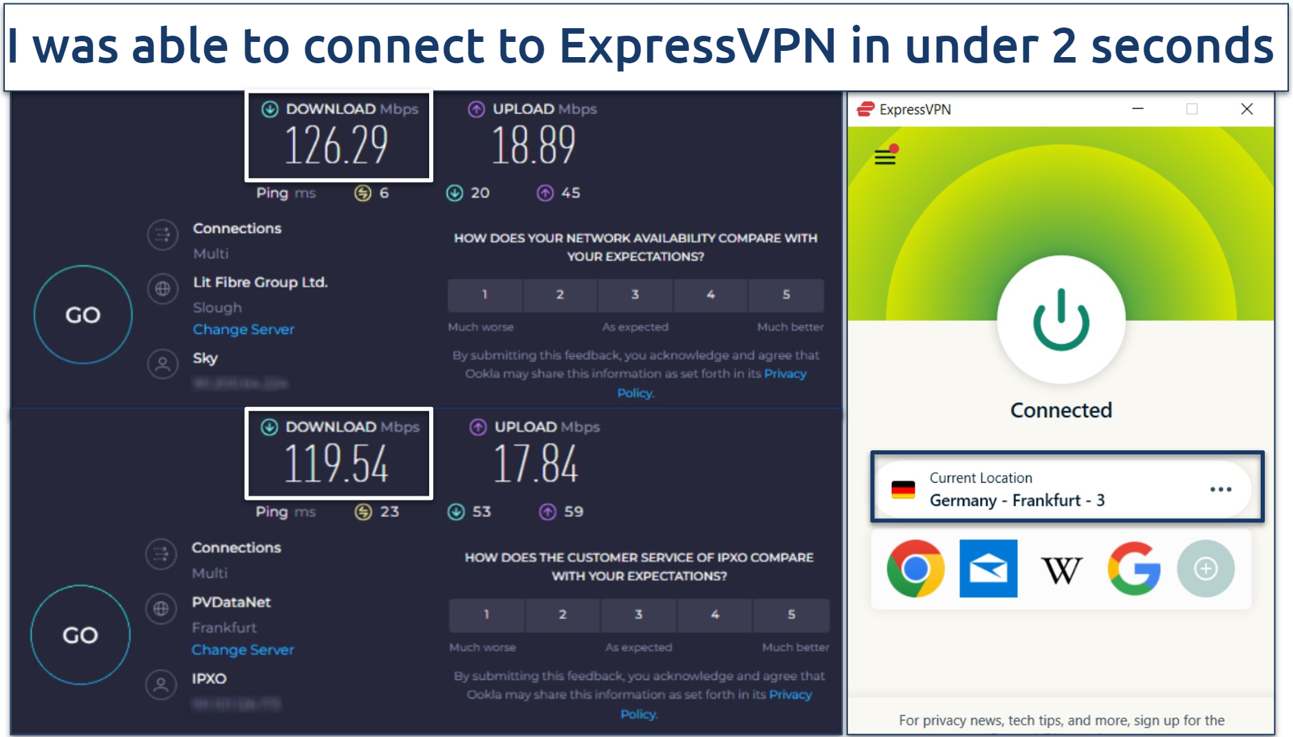 Screenshot of ExpressVPN speed tests on German server from UK