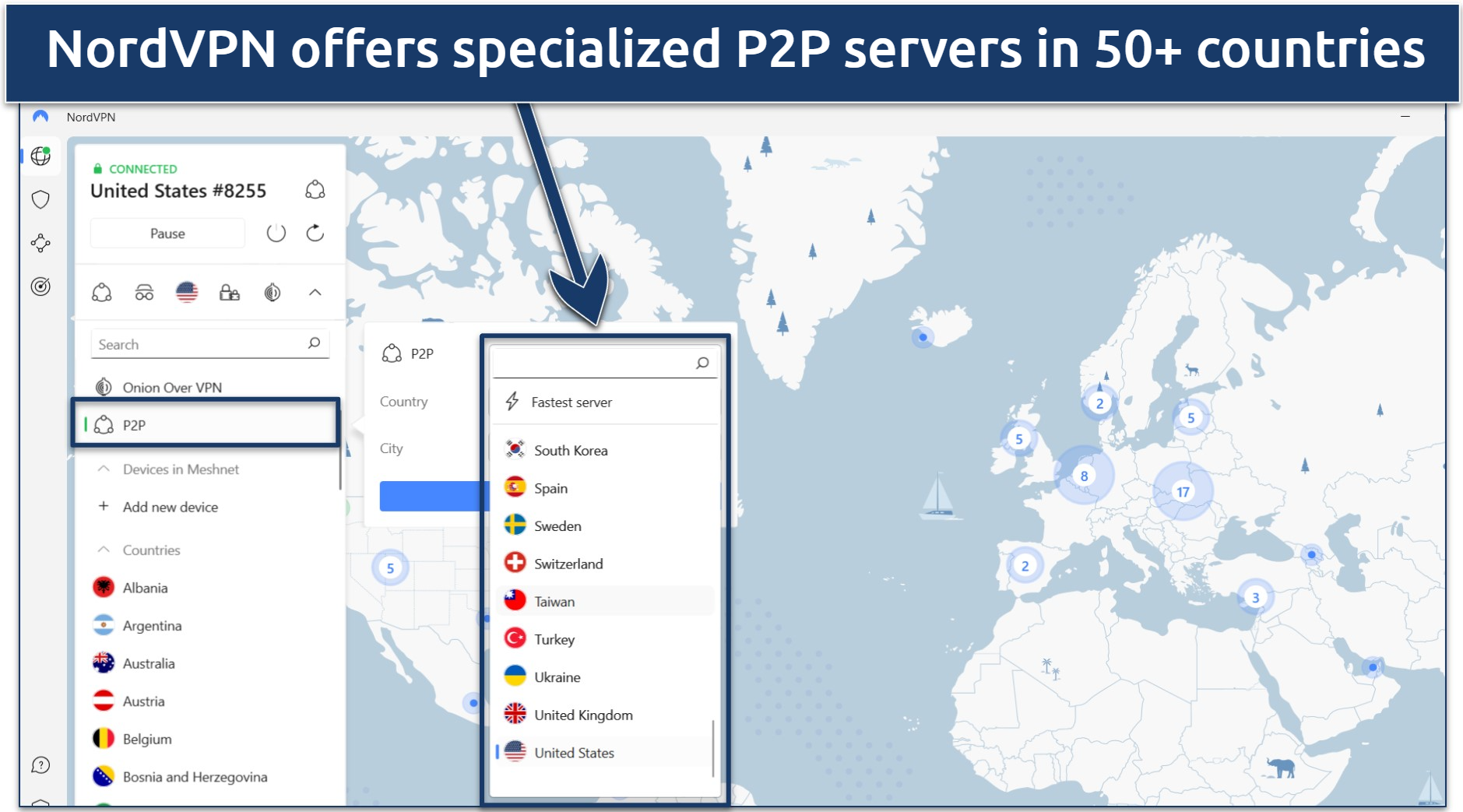 Screenshot of NordVPN's Windows app highlighting the specialty servers
