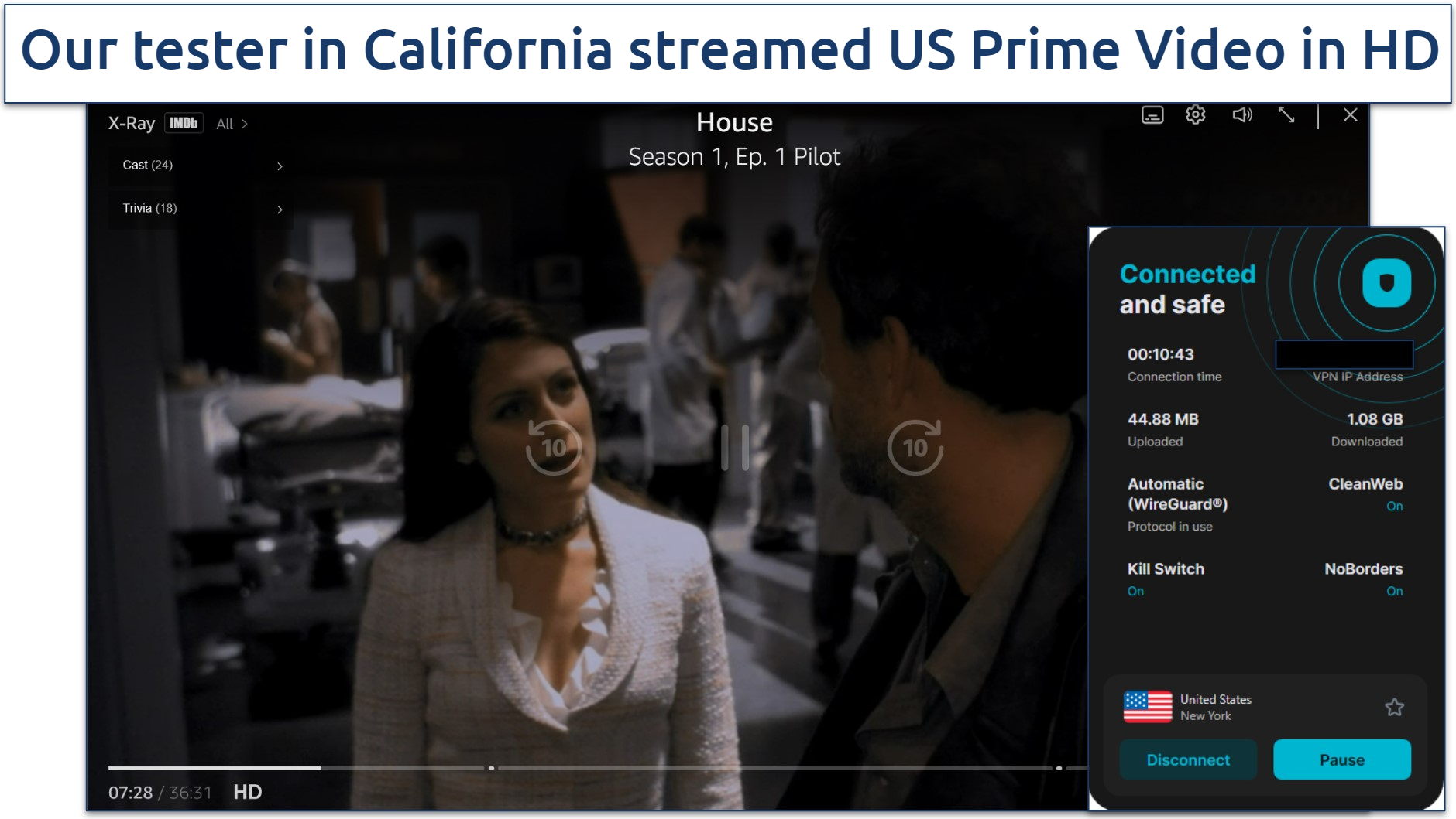 Screenshot showing Surfshark streaming US Prime Video with New York server