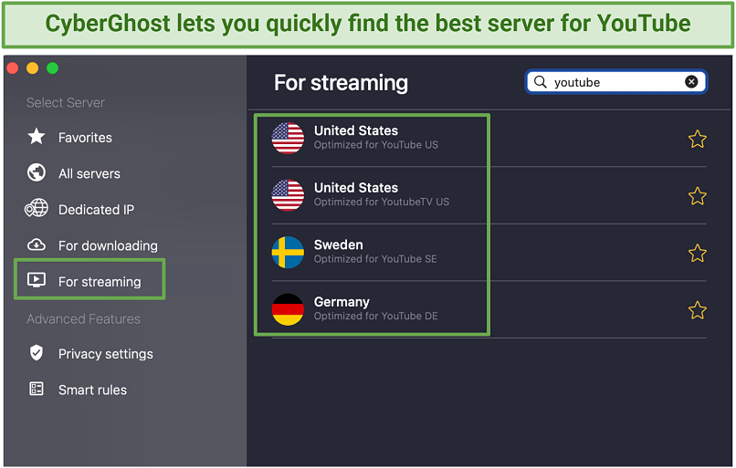 A screenshot of CyberGhost optimized servers for streaming