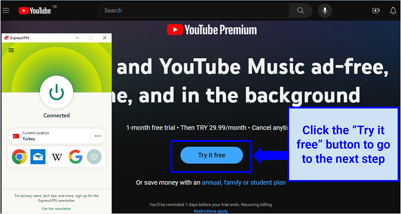 A screenshot of the YouTube Premium Turkey homepage