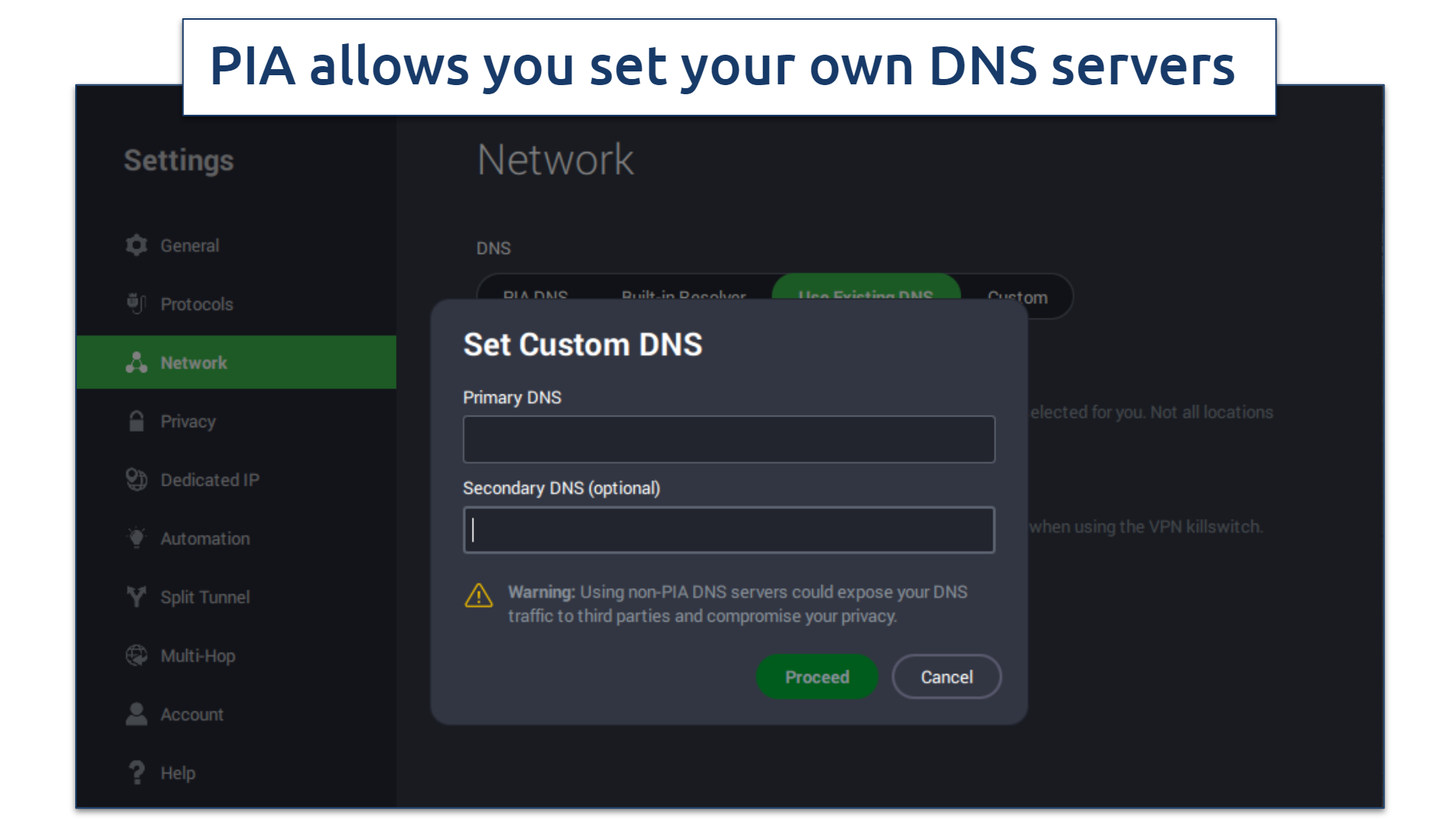Image showing how to set custom DNS servers on PIA
